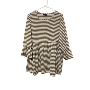 POL Black Striped Peplum Tunic Top Long Sleeve Pleated Cotton Bell Sleeves Large